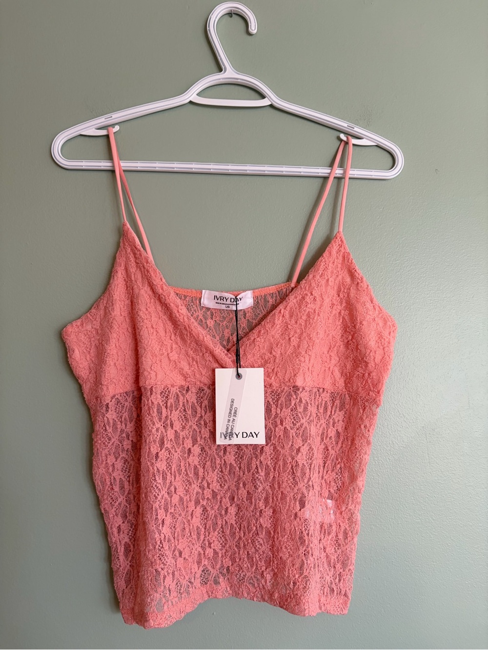 NWT Ivry Day Coral Pink Sheer Lace Cami Top L Double Strap Coquette Y2K Festival